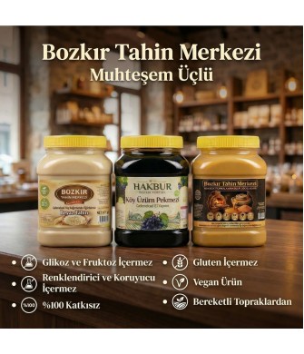 Enfes Üçlü Altın Susam Kavrulmuş Tahin-Taş Değirmen Beyaz Tahin -Üzüm Pekmezi (katkısız&vegan) Enfes Üçlü Altın Susam Kavrulmuş Tahin-Taş Değirmen Beyaz Tahin -Üzüm Pekmezi (katkısız&vegan)