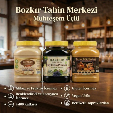 Enfes Üçlü Altın Susam Kavrulmuş Tahin-Taş Değirmen Beyaz Tahin -Üzüm Pekmezi (katkısız&vegan)