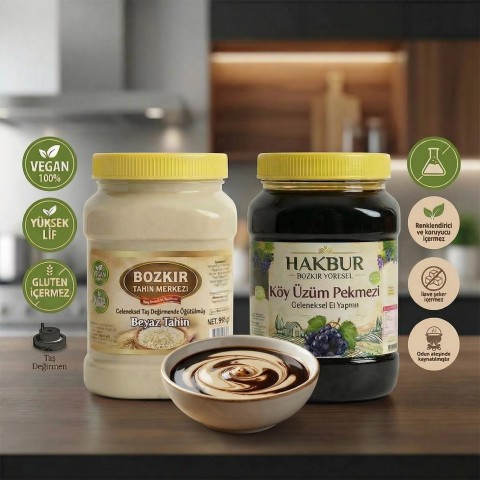 Muhteşem İkili Doğal Beyaz Tahin 935 gr- Köy Üzüm Pekmezi 950 gr (katkısız)