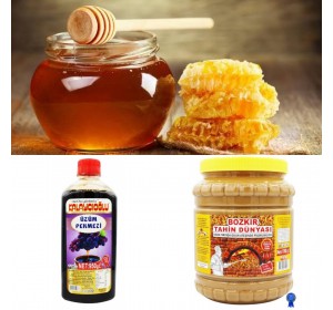 LEZZET ÜÇLÜSÜ - BOZKIR ÇİFTE KAVRULMUŞ TAHİN 1900 GR - YAYLA SÜZME BAL 1 KG- ÜZÜM PEKMEZİ 950 GR