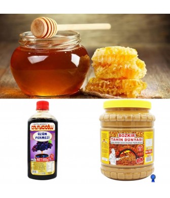 LEZZET ÜÇLÜSÜ - BOZKIR ÇİFTE KAVRULMUŞ TAHİN 1900 GR - YAYLA SÜZME BAL 1 KG- ÜZÜM PEKMEZİ 950 GR