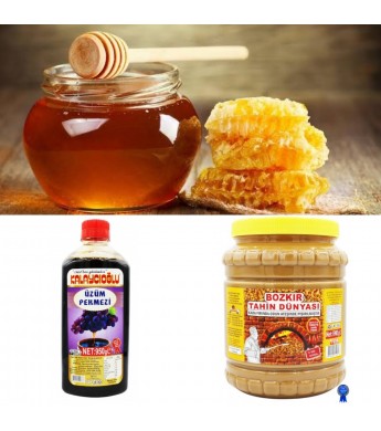 LEZZET ÜÇLÜSÜ - BOZKIR ÇİFTE KAVRULMUŞ TAHİN 1900 GR - YAYLA SÜZME BAL 1 KG- ÜZÜM PEKMEZİ 950 GR