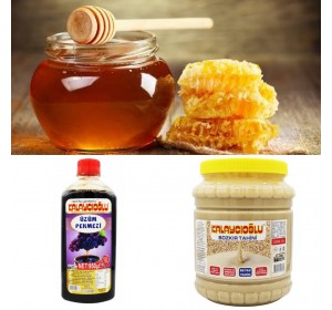LEZZET ÜÇLÜSÜ - BOZKIR BEYAZ TAHİN 1900 GR - YAYLA SÜZME BAL 1 KG- ÜZÜM PEKMEZİ 950 GR