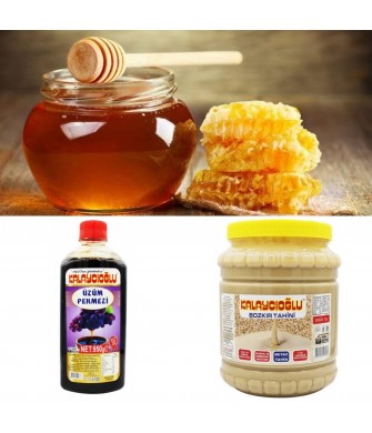 LEZZET ÜÇLÜSÜ - BOZKIR BEYAZ TAHİN 1900 GR - YAYLA SÜZME BAL 1 KG- ÜZÜM PEKMEZİ 950 GR