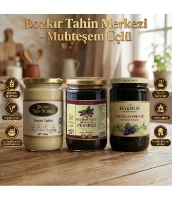 Muhteşem üçlü Beyaz tahin 600gr Üzüm ve Keçiboynuzu Pekmezi 800gr (doğal&katkısız)