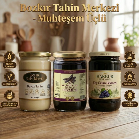 Muhteşem üçlü Beyaz tahin 600gr Üzüm ve Keçiboynuzu Pekmezi 800gr (doğal&katkısız)