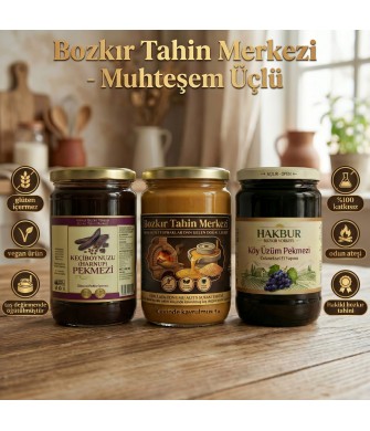 Muhteşem Üçlü Kavrulmuş Tahin 600gr- Üzüm ve Keçiboynuz Pekmezi 800 gr (katkısız)