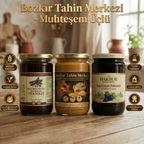 Muhteşem Üçlü Kavrulmuş Tahin 600gr- Üzüm ve Keçiboynuz Pekmezi 800 gr (katkısız)