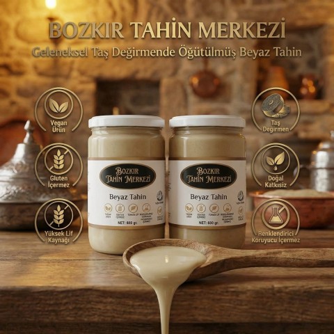Bozkır Tahin Merkezi Doğal Beyaz Taş Değirmen Tahini 600 gr X 2 adet(katkısız& Vegan)