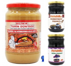 SÜPER ÜÇLÜ - BOZKIR KAVRULMUŞ KEPEKSİZ TAHİN CAM 700 GR - KEÇİBOYNUZ PEKMEZİ CAM 800 GR - ÜZÜM PEKMEZİ CAM 800GR