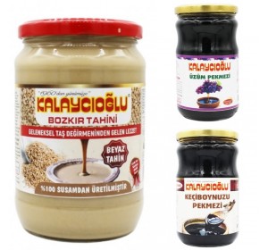 SÜPER ÜÇLÜ - BOZKIR BEYAZ TAHİN CAM 700 GR - KEÇİBOYNUZ PEKMEZİ CAM 800 GR - ÜZÜM PEKMEZİ CAM 800GR