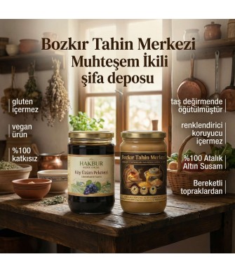 Muhteşem İkili Ata Tohum Altın Susam Kavrulmuş Tahin 600gr-Köy Pekmezi 800gr (katkısız)