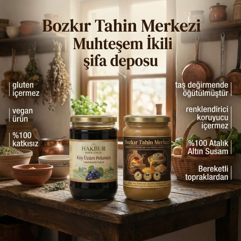 Muhteşem İkili Ata Tohum Altın Susam Kavrulmuş Tahin 600gr-Köy Pekmezi 800gr (katkısız)